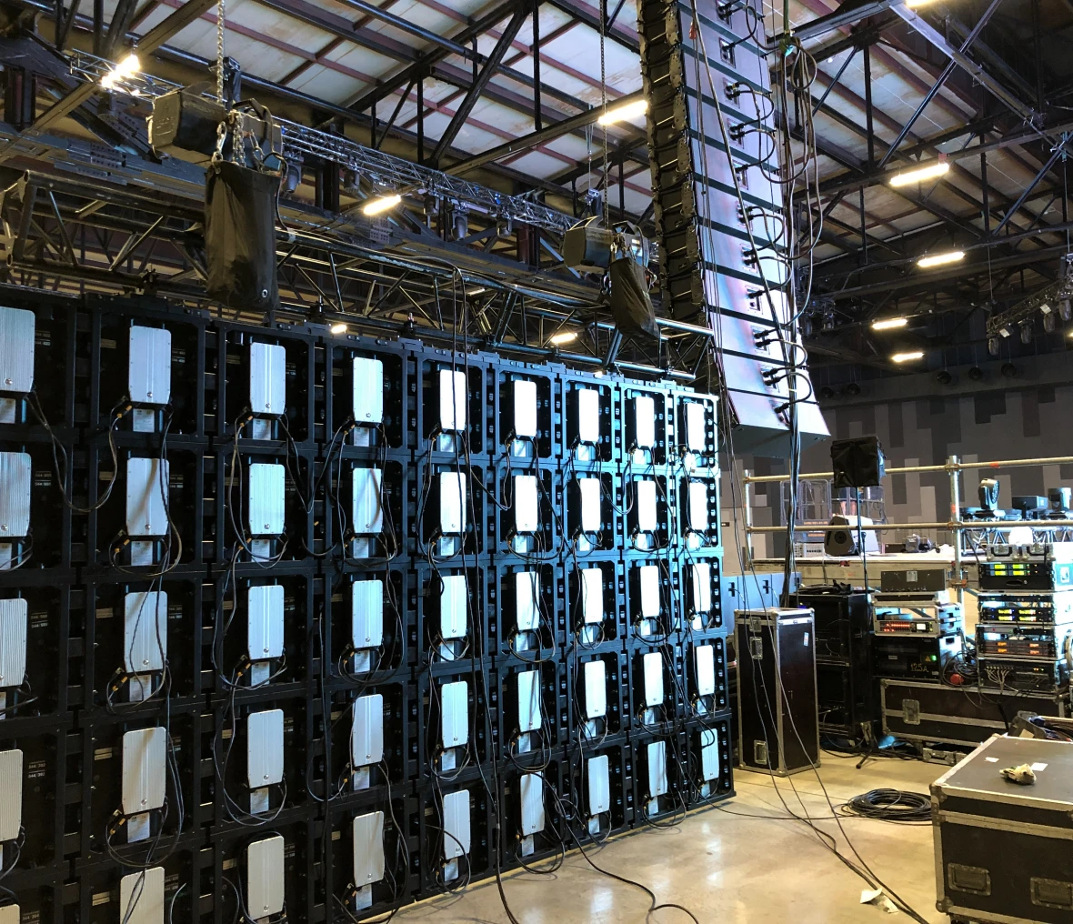 Concert stage setup with LED screens